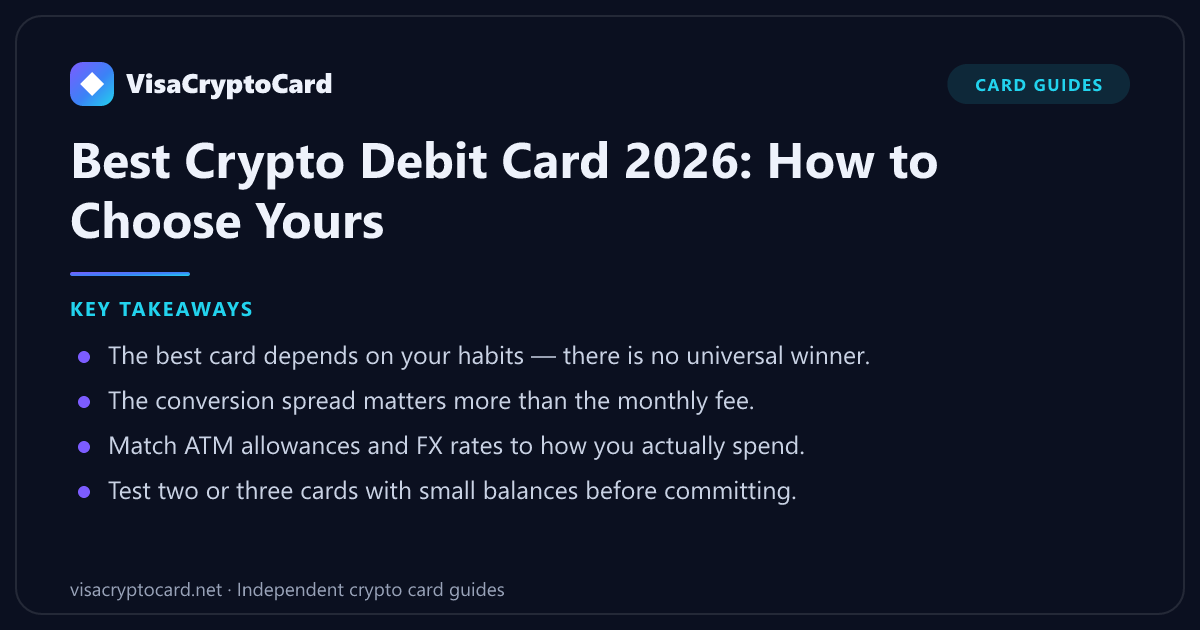Best Crypto Debit Card 2026: How to Choose Yours — key takeaways: The best card depends on your habits — there is no universal winner. The conversion spread matters more than the monthly fee. Match ATM allowances and FX rates to how you…