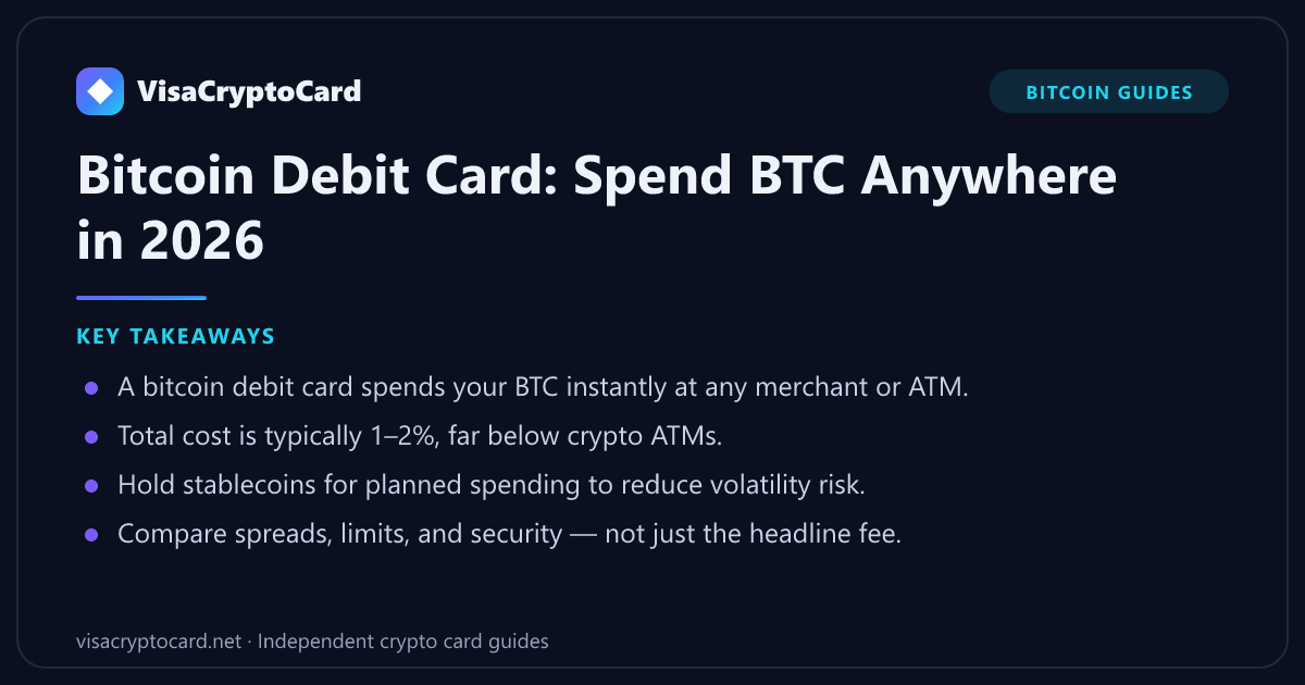 Bitcoin Debit Card: Spend BTC Anywhere in 2026 — key takeaways: A bitcoin debit card spends your BTC instantly at any merchant or ATM. Total cost is typically 1–2%, far below crypto ATMs. Hold stablecoins for planned spending to reduce…