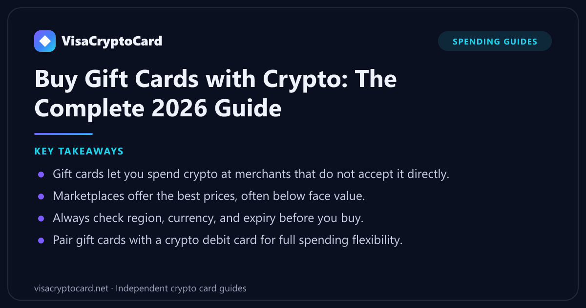 Buy Gift Cards with Crypto: The Complete 2026 Guide — key takeaways: Gift cards let you spend crypto at merchants that do not accept it directly. Marketplaces offer the best prices, often below face value. Always check region, currency,…
