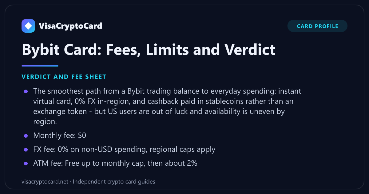 Bybit Card: Fees, Limits and Verdict — verdict and fee sheet: The smoothest path from a Bybit trading balance to everyday spending: instant virtual card, 0% FX in-region, and cashback paid in stablecoins rather than an exchange token -…