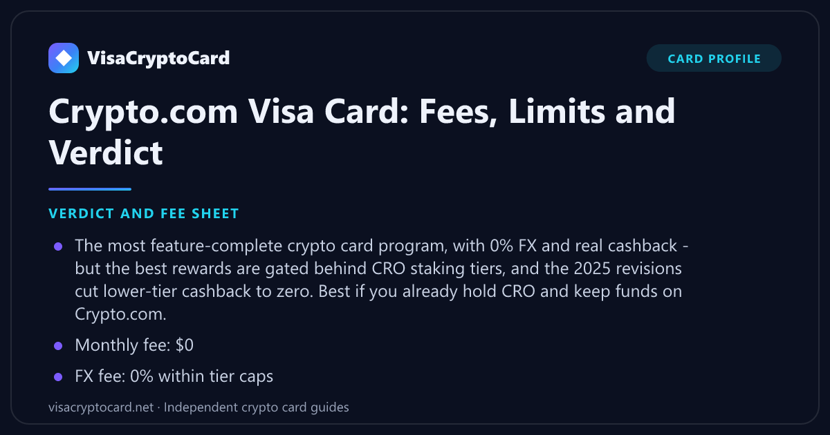 Crypto.com Visa Card: Fees, Limits and Verdict — verdict and fee sheet: The most feature-complete crypto card program, with 0% FX and real cashback - but the best rewards are gated behind CRO staking tiers, and the 2025 revisions cut…