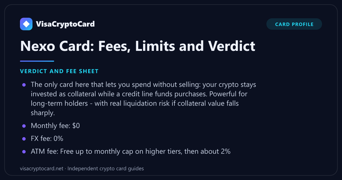 Nexo Card: Fees, Limits and Verdict — verdict and fee sheet: The only card here that lets you spend without selling: your crypto stays invested as collateral while a credit line funds purchases. Powerful for long-term holders - with…