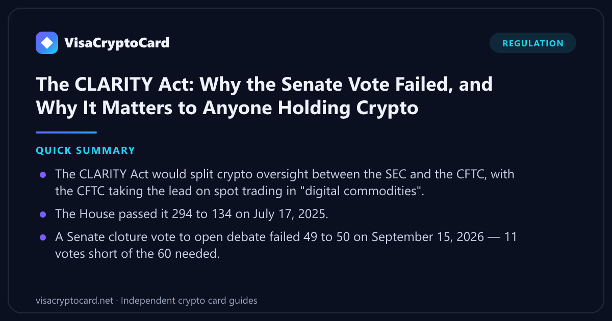 The CLARITY Act: Why the Senate Vote Failed, and Why It Matters to Anyone Holding Crypto — quick summary: The CLARITY Act would split crypto oversight between the SEC and the CFTC, with the CFTC taking the lead on spot trading in…