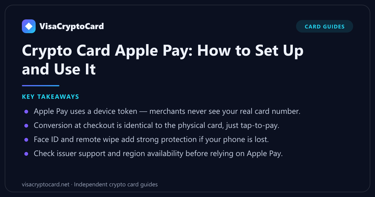 Crypto Card Apple Pay: How to Set Up and Use It — key takeaways: Apple Pay uses a device token — merchants never see your real card number. Conversion at checkout is identical to the physical card, just tap-to-pay. Face ID and remote…