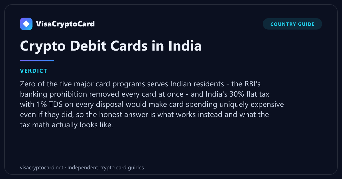 Crypto Debit Cards in India — verdict: Zero of the five major card programs serves Indian residents - the RBI's banking prohibition removed every card at once - and India's 30% flat tax with 1% TDS on every disposal would make card…
