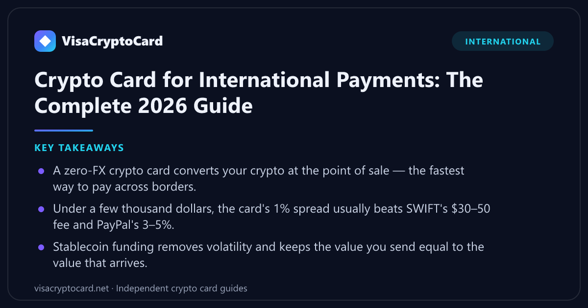 Crypto Card for International Payments: The Complete 2026 Guide — key takeaways: A zero-FX crypto card converts your crypto at the point of sale — the fastest way to pay across borders. Under a few thousand dollars, the card's 1% spread…