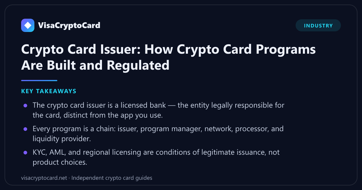 Crypto Card Issuer: How Crypto Card Programs Are Built and Regulated — key takeaways: The crypto card issuer is a licensed bank — the entity legally responsible for the card, distinct from the app you use. Every program is a chain:…