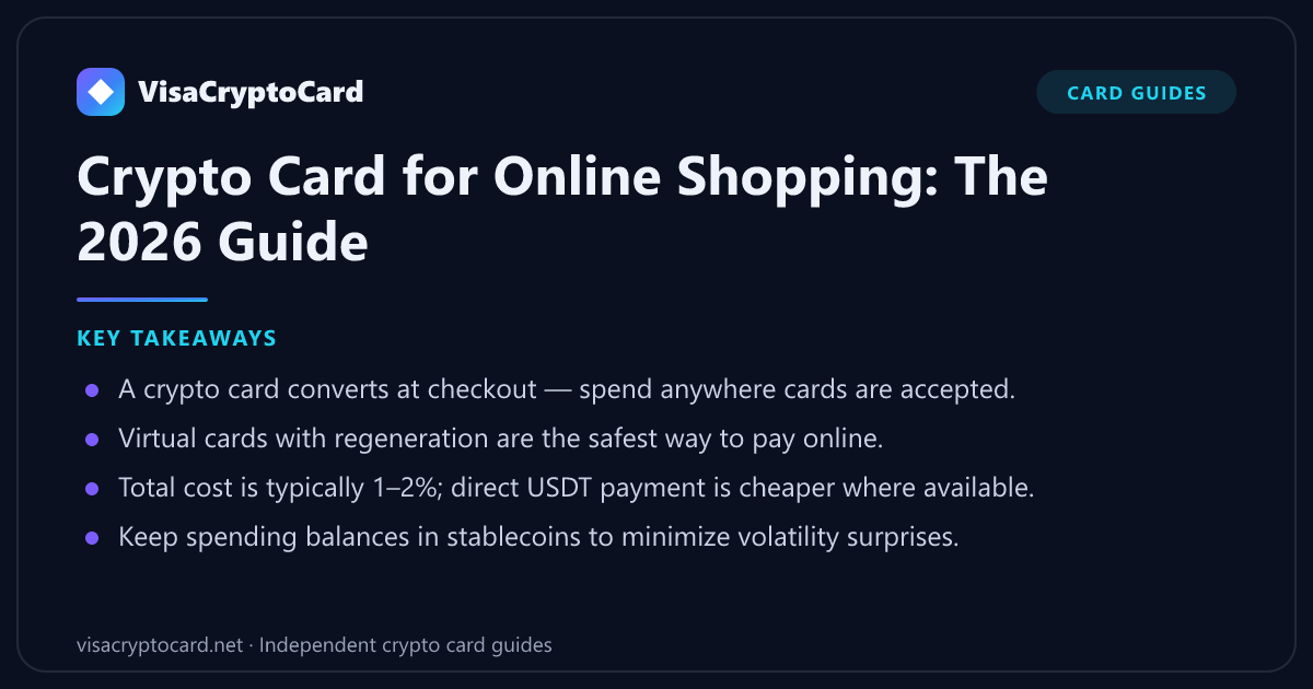 Crypto Card for Online Shopping: The 2026 Guide — key takeaways: A crypto card converts at checkout — spend anywhere cards are accepted. Virtual cards with regeneration are the safest way to pay online. Total cost is typically 1–2%;…