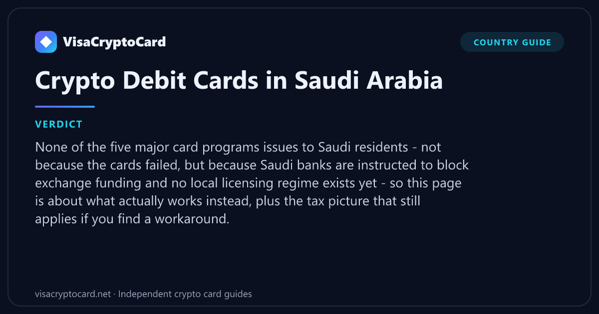Crypto Debit Cards in Saudi Arabia — verdict: None of the five major card programs issues to Saudi residents - not because the cards failed, but because Saudi banks are instructed to block exchange funding and no local licensing regime…