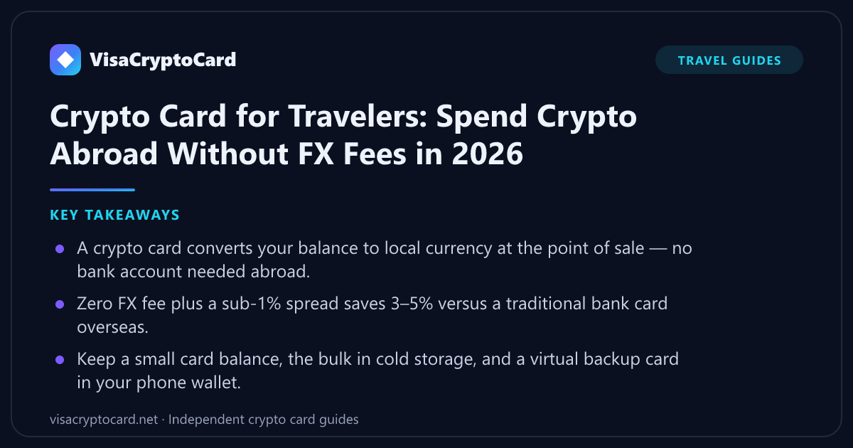 Crypto Card for Travelers: Spend Crypto Abroad Without FX Fees in 2026 — key takeaways: A crypto card converts your balance to local currency at the point of sale — no bank account needed abroad. Zero FX fee plus a sub-1% spread saves…