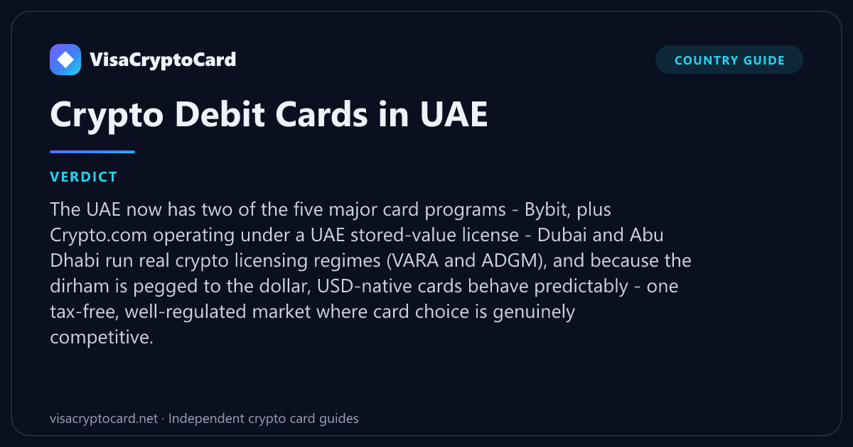 Crypto Debit Cards in UAE — verdict: The UAE now has two of the five major card programs - Bybit, plus Crypto.com operating under a UAE stored-value license - Dubai and Abu Dhabi run real crypto licensing regimes (VARA and ADGM), and…