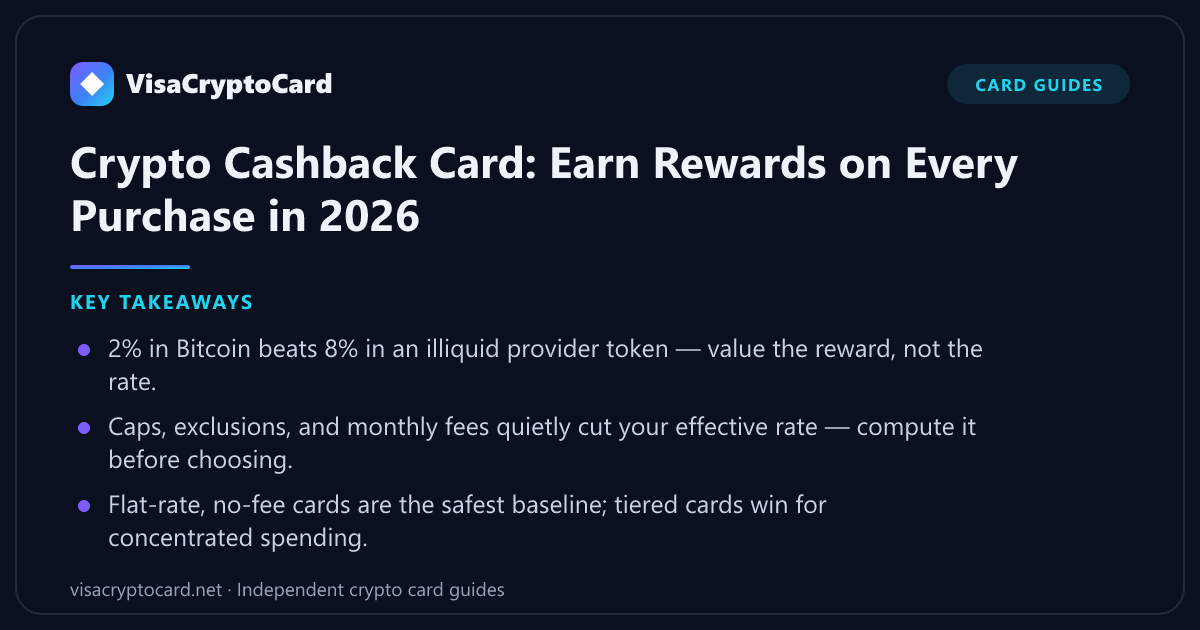 Crypto Cashback Card: Earn Rewards on Every Purchase in 2026 — key takeaways: 2% in Bitcoin beats 8% in an illiquid provider token — value the reward, not the rate. Caps, exclusions, and monthly fees quietly cut your effective rate —…