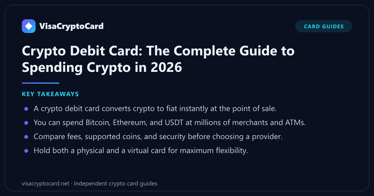 Crypto Debit Card: The Complete Guide to Spending Crypto in 2026 — key takeaways: A crypto debit card converts crypto to fiat instantly at the point of sale. You can spend Bitcoin, Ethereum, and USDT at millions of merchants and ATMs.…
