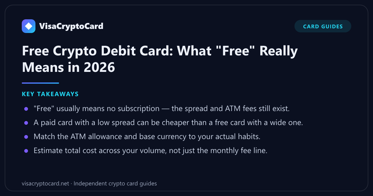 Free Crypto Debit Card: What "Free" Really Means in 2026 — key takeaways: "Free" usually means no subscription — the spread and ATM fees still exist. A paid card with a low spread can be cheaper than a free card with a wide one. Match…