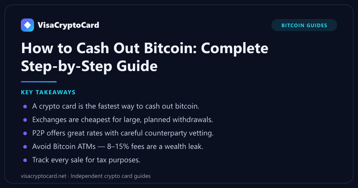 How to Cash Out Bitcoin: Complete Step-by-Step Guide — key takeaways: A crypto card is the fastest way to cash out bitcoin. Exchanges are cheapest for large, planned withdrawals. P2P offers great rates with careful counterparty vetting.