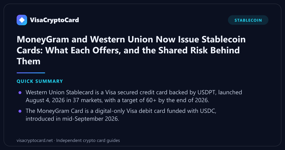 MoneyGram and Western Union Now Issue Stablecoin Cards: What Each Offers, and the Shared Risk Behind Them — quick summary: Western Union Stablecard is a Visa secured credit card backed by USDPT, launched August 4, 2026 in 37 markets,…