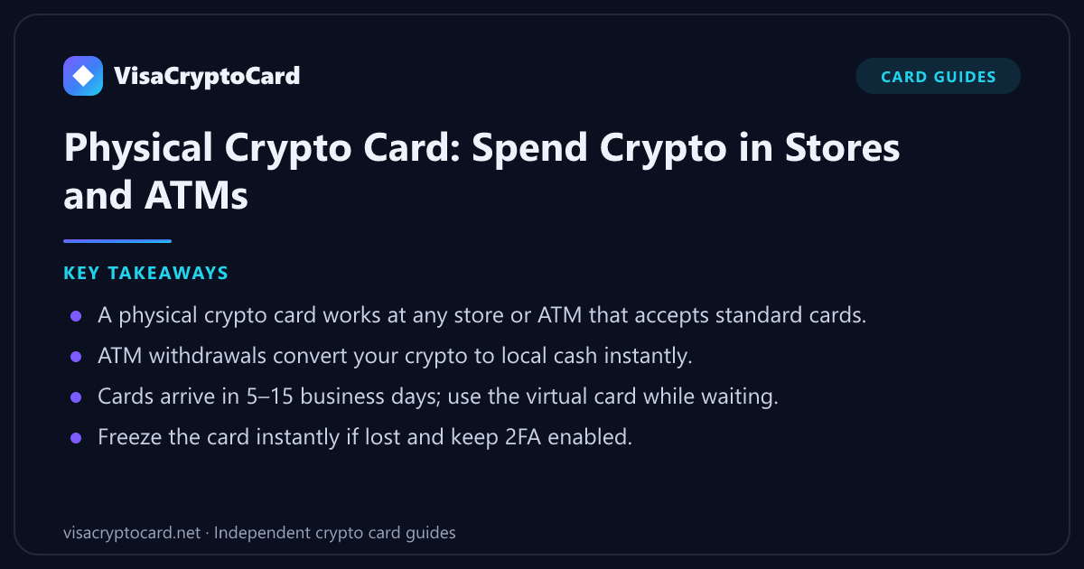 Physical Crypto Card: Spend Crypto in Stores and ATMs — key takeaways: A physical crypto card works at any store or ATM that accepts standard cards. ATM withdrawals convert your crypto to local cash instantly. Cards arrive in 5–15…
