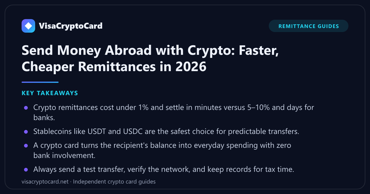 Send Money Abroad with Crypto: Faster, Cheaper Remittances in 2026 — key takeaways: Crypto remittances cost under 1% and settle in minutes versus 5–10% and days for banks. Stablecoins like USDT and USDC are the safest choice for…